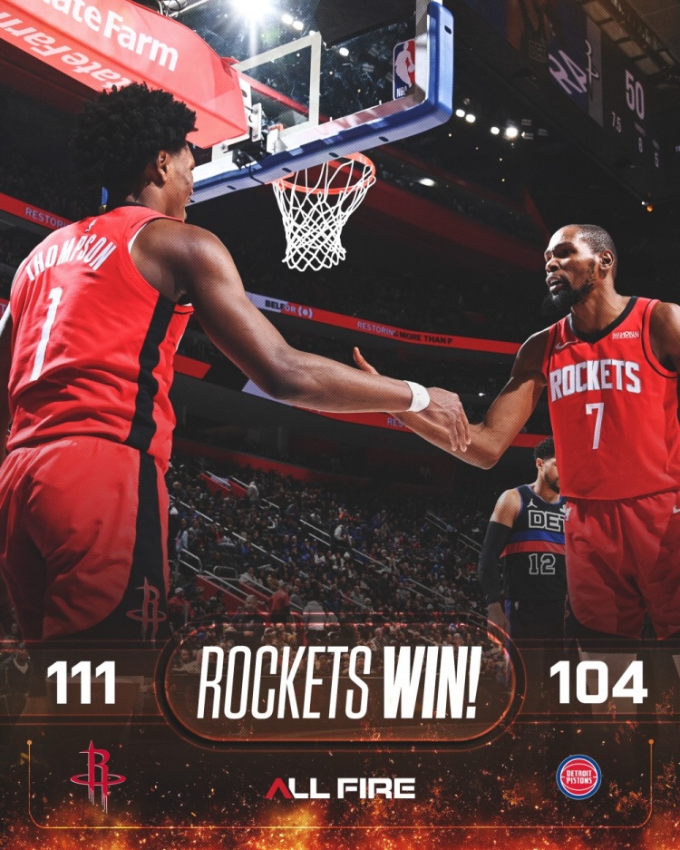 jdb电子试玩平台-正负值最高二人组！火箭赢球海报：封面为杜兰特+阿门击掌瞬间